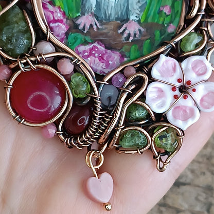 Charming possums and cherry blossom. Wire wrapped 2 sided necklace with miniature paintings