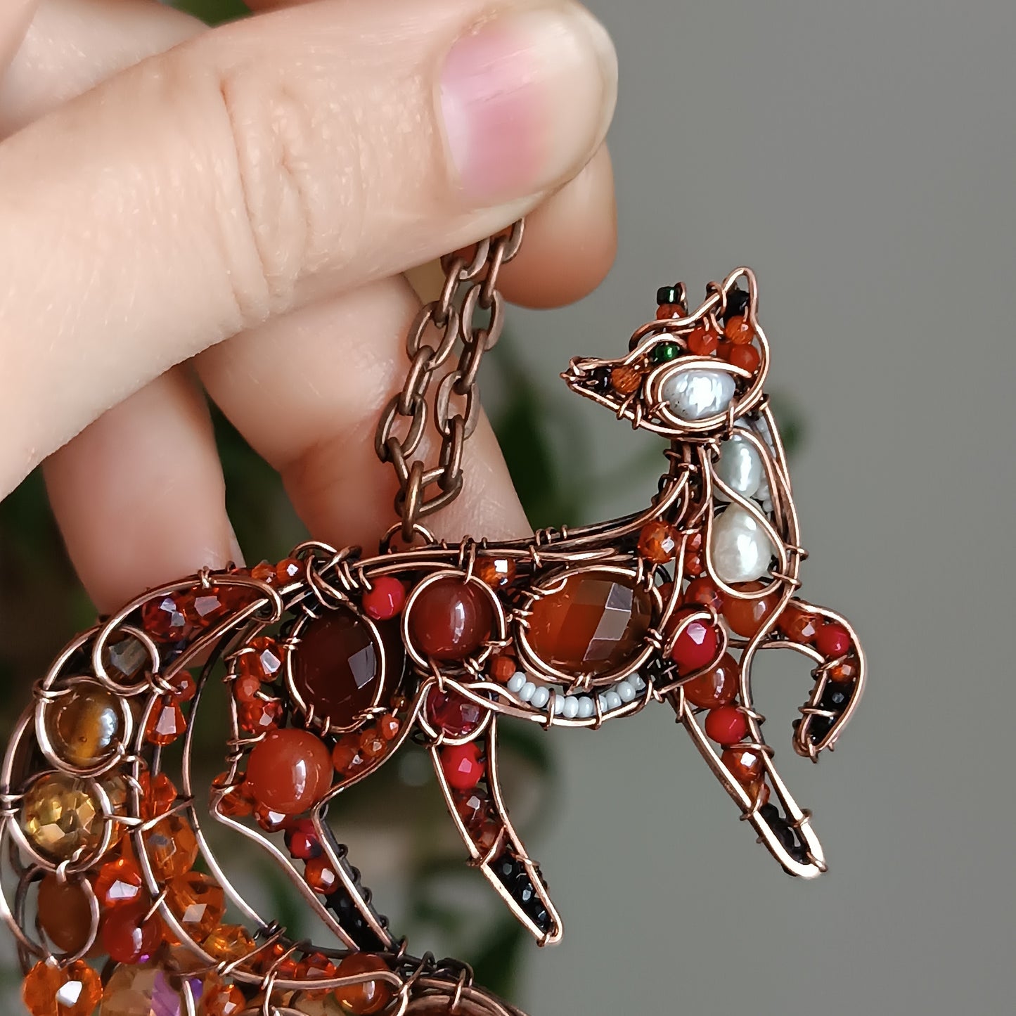 Swoopy tail Foxy. Sparkly wire wrapped pendant.