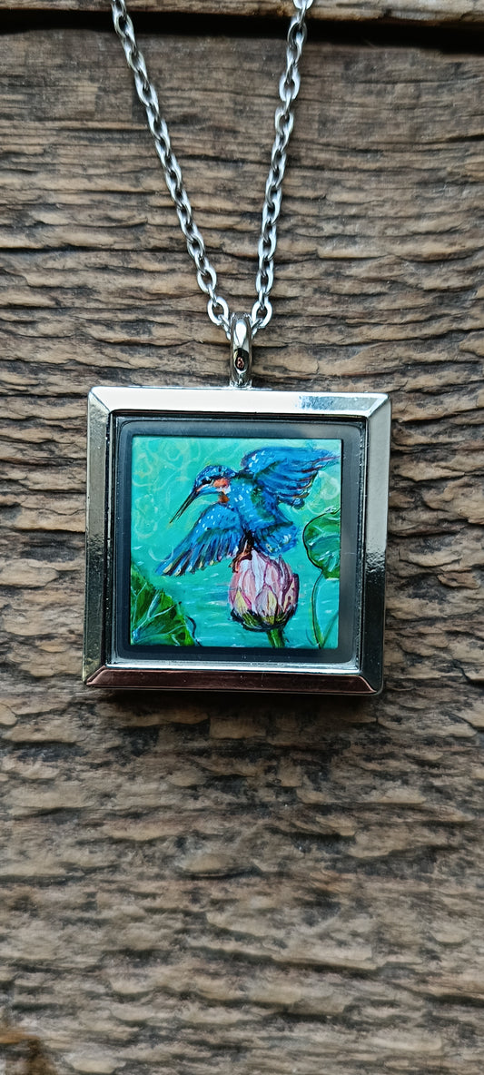 Kingfishers on lotus. Hand painted necklace.