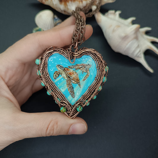 Heart of the ocean. Wire wrapped hand painted necklace. Reversible.