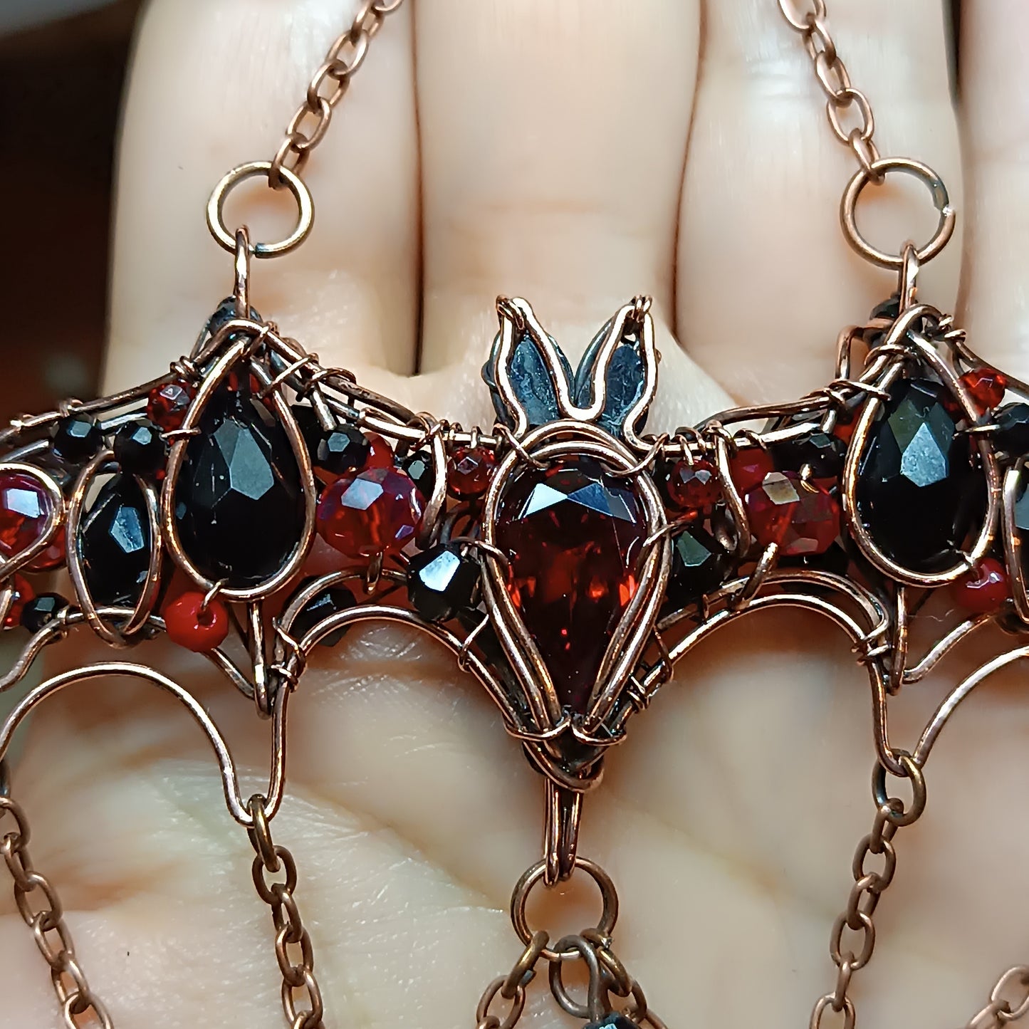 For Paige. Scarlett and black bat necklace