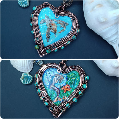 Heart of the ocean. Wire wrapped hand painted necklace. Reversible.
