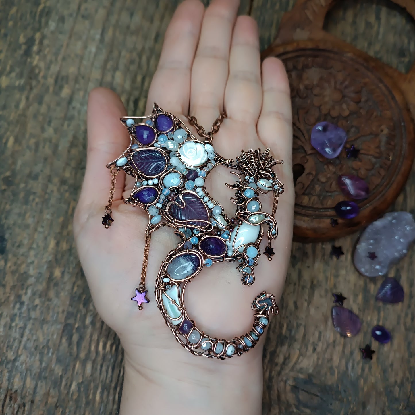 Amethyst night Stars catcher. Dragon necklace.