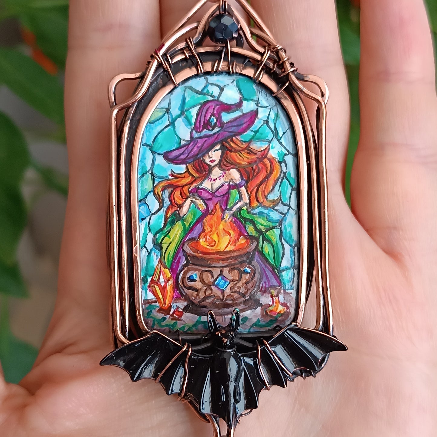 Witchcraft amulet. Hand painted miniature on copper.