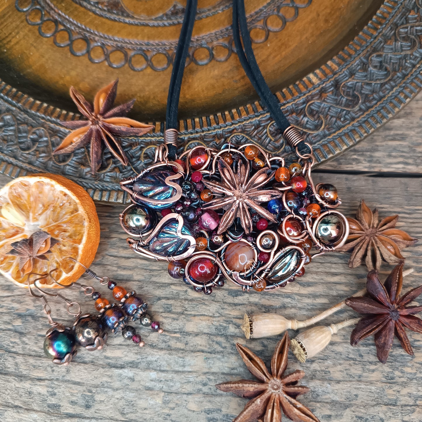 Beaded statement necklace and earrings.