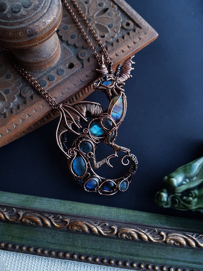 Great water dragon. Wire wrapped copper necklace with labradorites.