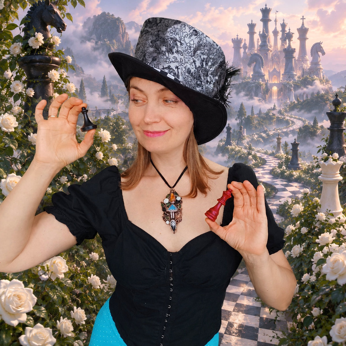 Alice the chess queen necklace♟️🩵🤍🖤