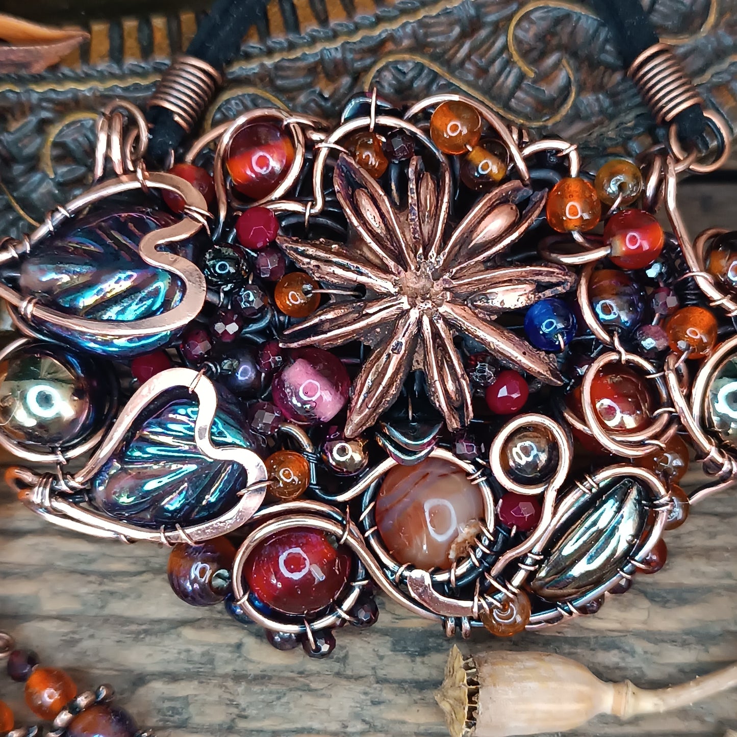 Beaded statement necklace and earrings.