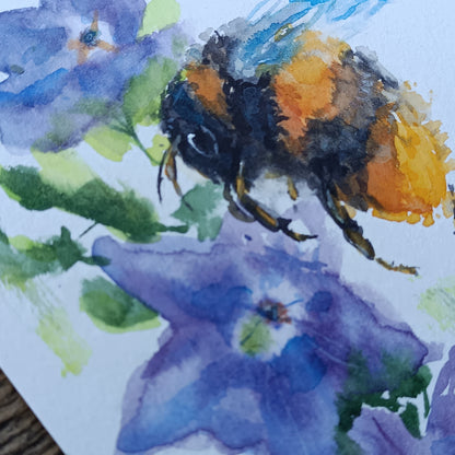 Buzy bee on bellflowers. Original watercolor on paper. Unframed.
