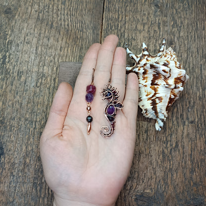 Amethyst and garnet seahorse earrings