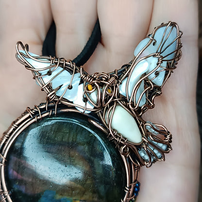 Owl over the sunset moon necklace