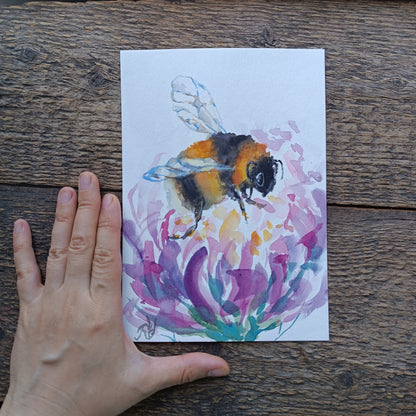 Bumblebee on a blooming flower. Original watercolour on paper. Unframed.