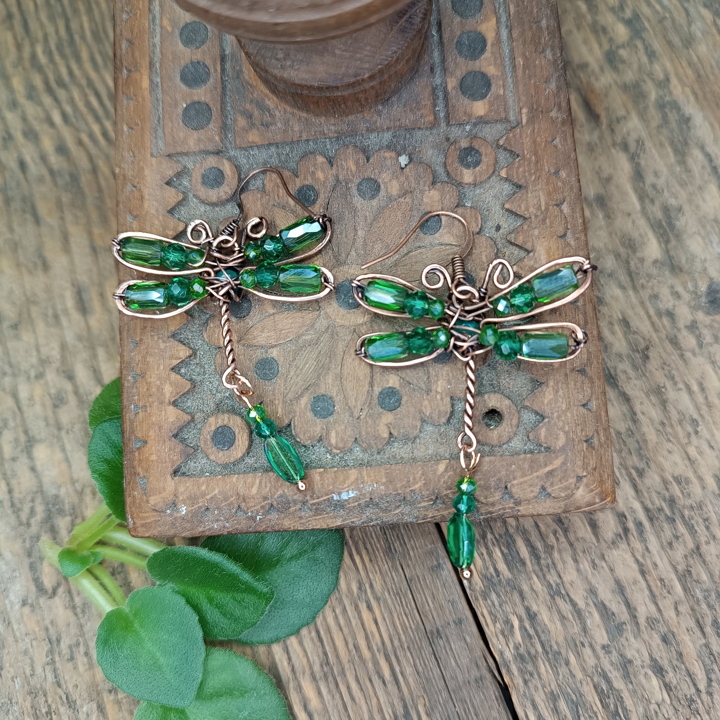 Green dragonfly dangling earrings