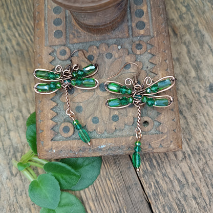 Green dragonfly dangling earrings