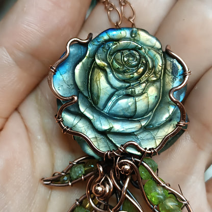 Labradorite rose with chrysolite leaves. Pendant