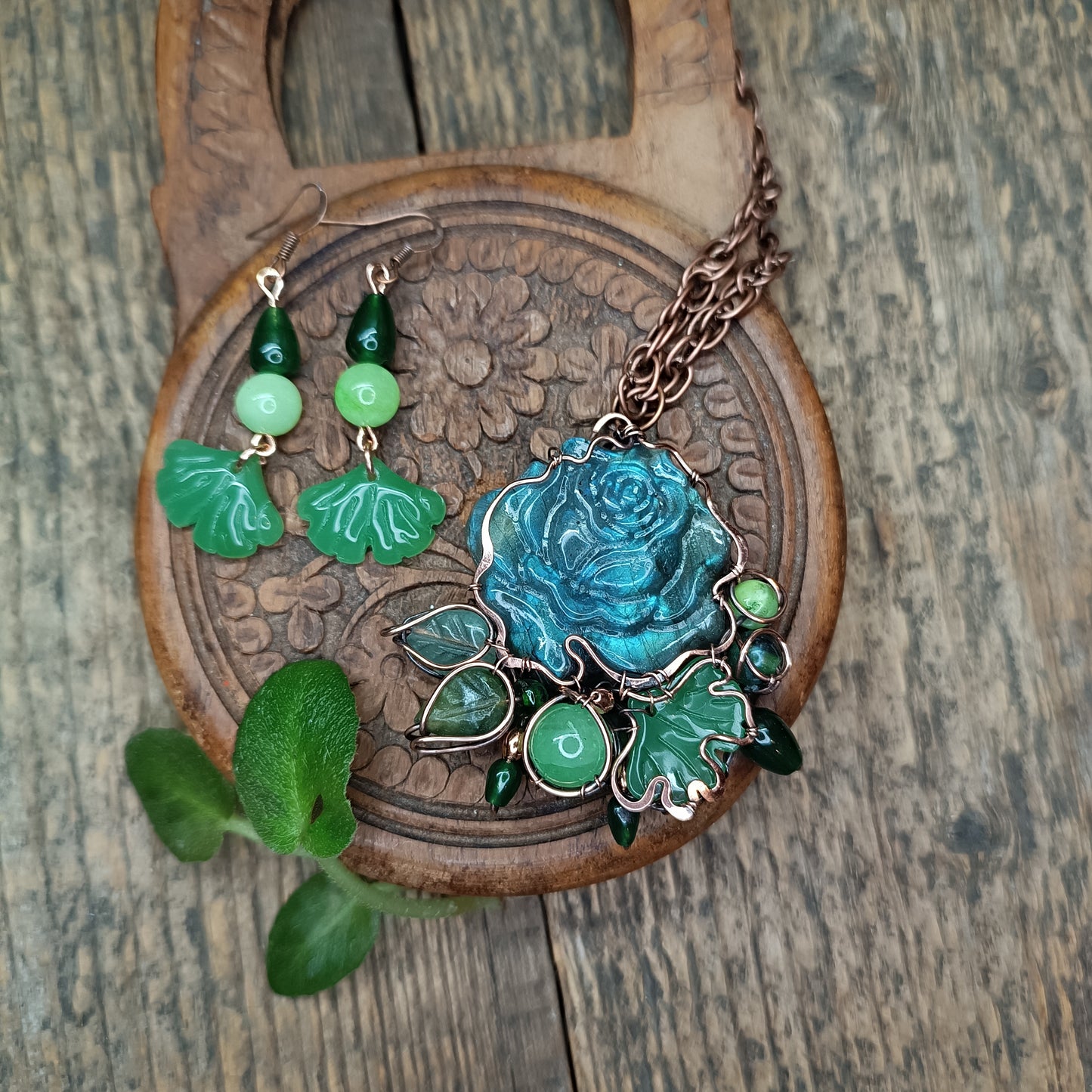 Ginkgo and rose necklace and earrings