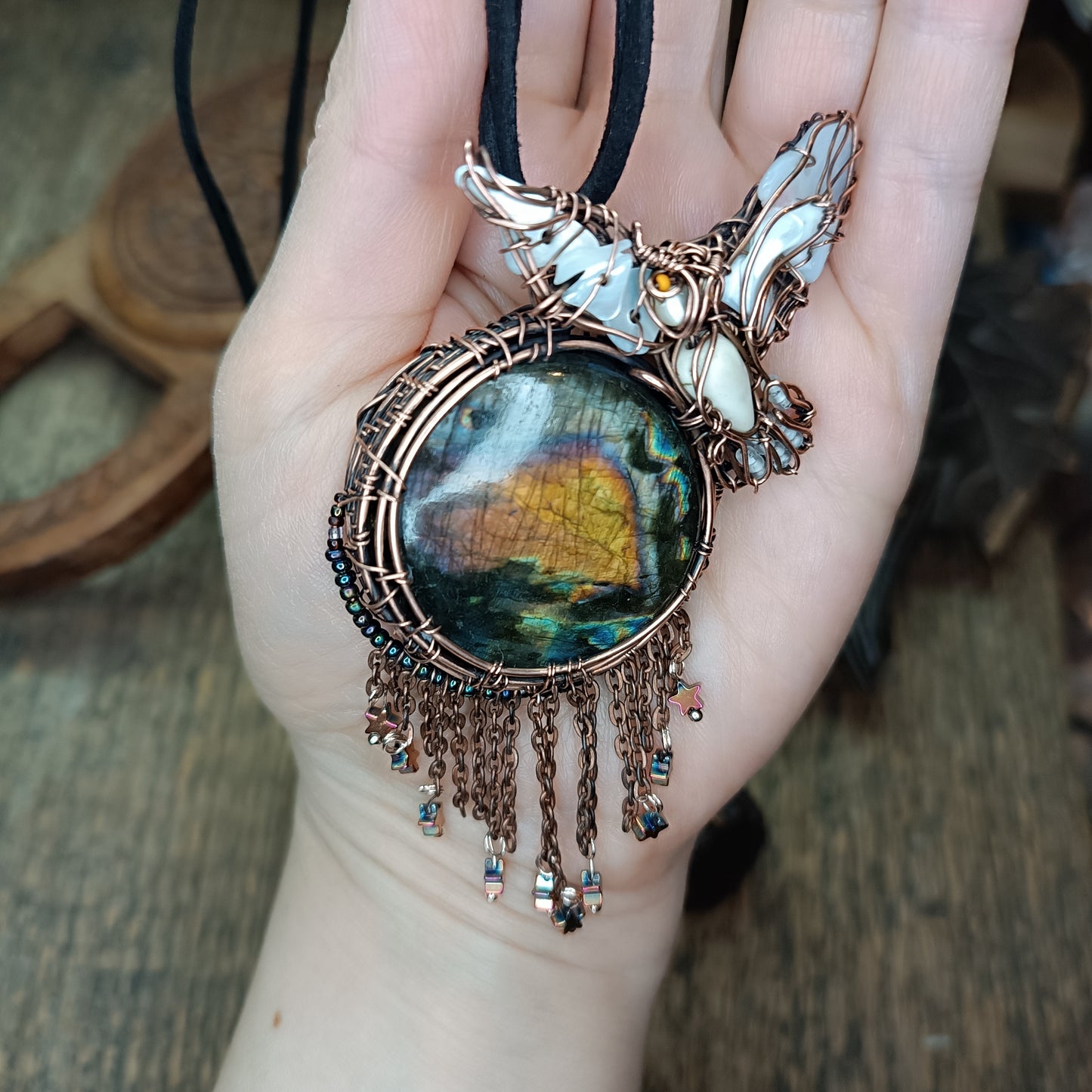 Owl over the sunset moon necklace