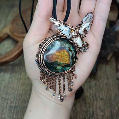 Owl over the sunset moon necklace