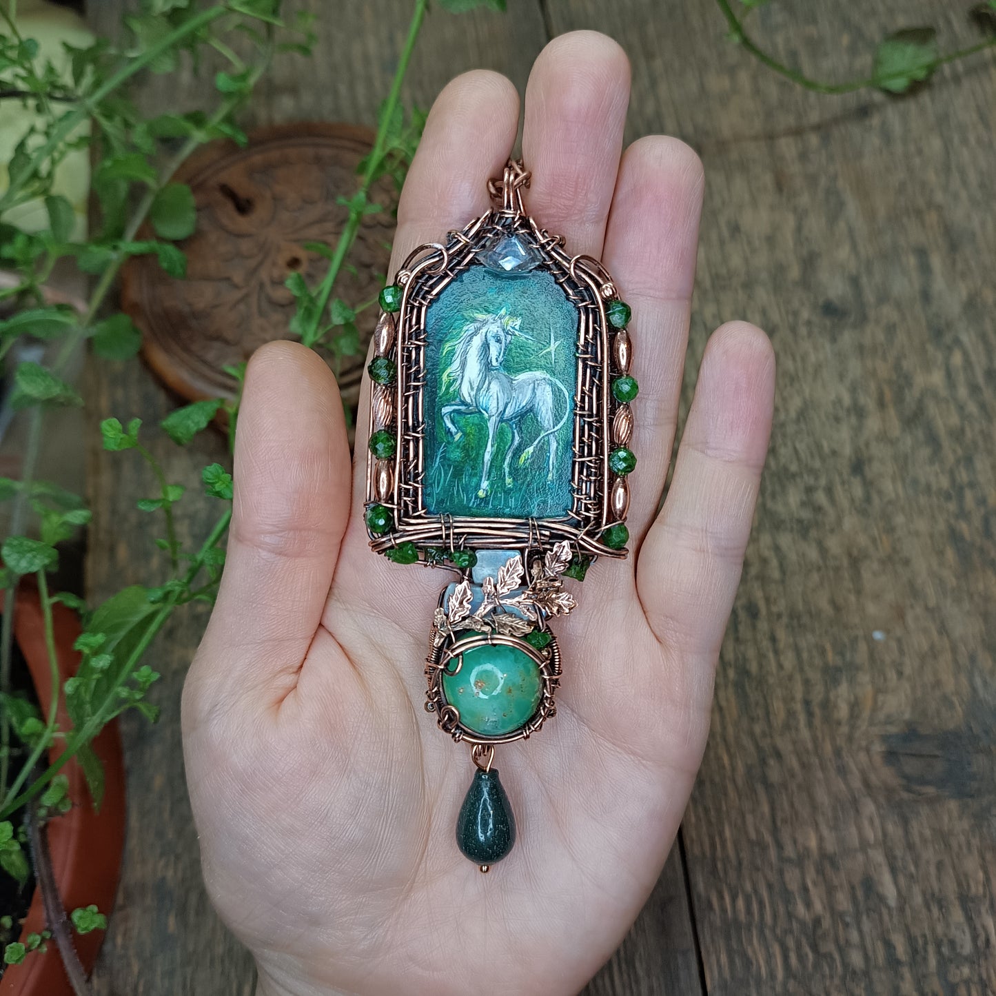 The ballad of white unicorn and princess. Wire wrapped necklace with miniature paintings.