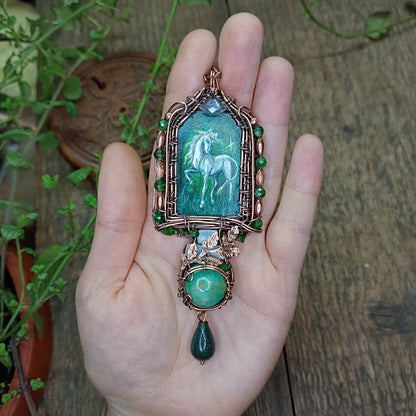 The ballad of white unicorn and princess. Wire wrapped necklace with miniature paintings.