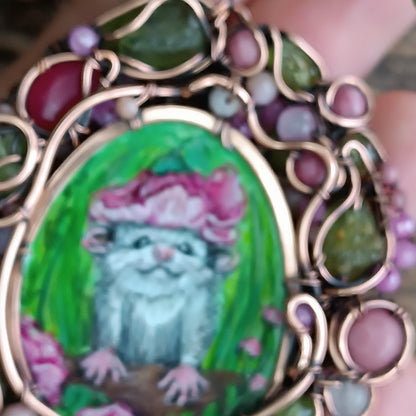 Charming possums and cherry blossom. Wire wrapped 2 sided necklace with miniature paintings