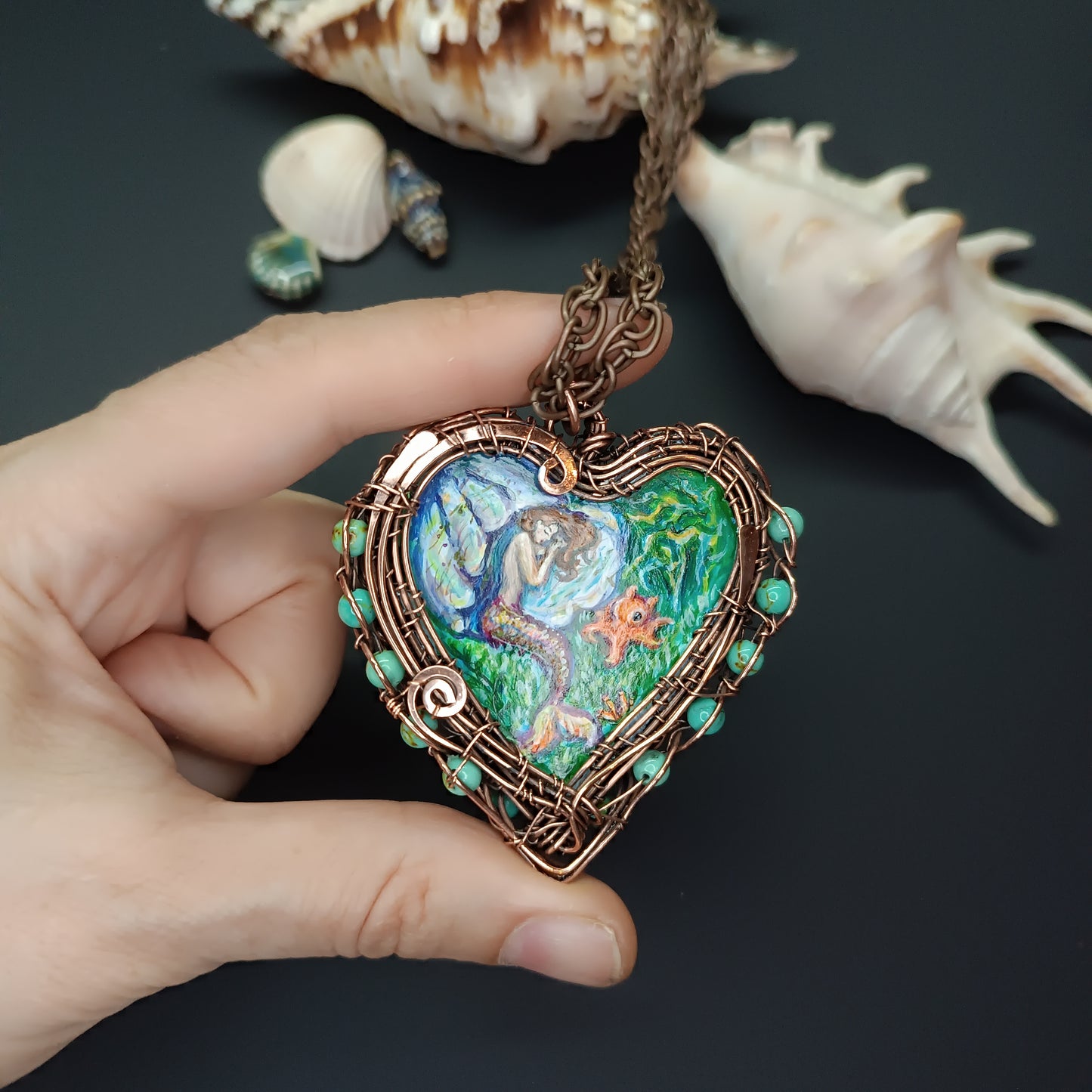 Heart of the ocean. Wire wrapped hand painted necklace. Reversible.