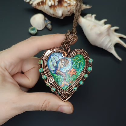 Heart of the ocean. Wire wrapped hand painted necklace. Reversible.
