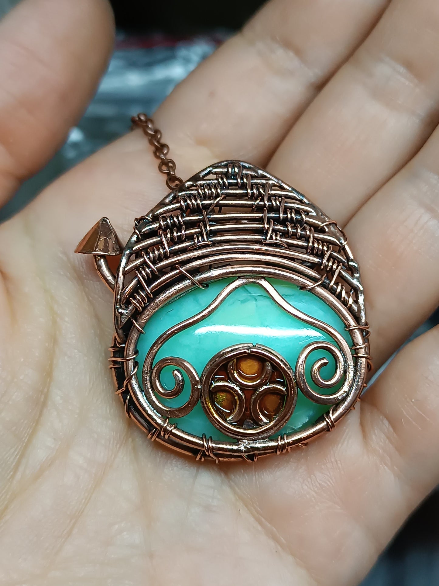 Chrysocolla fairy house pendant.