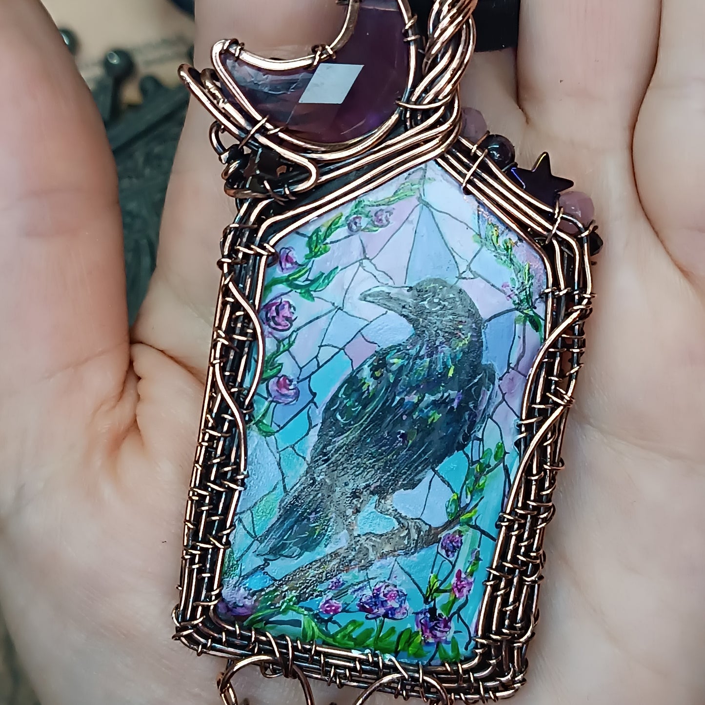 Medieval window necklace. Raven and Bat.