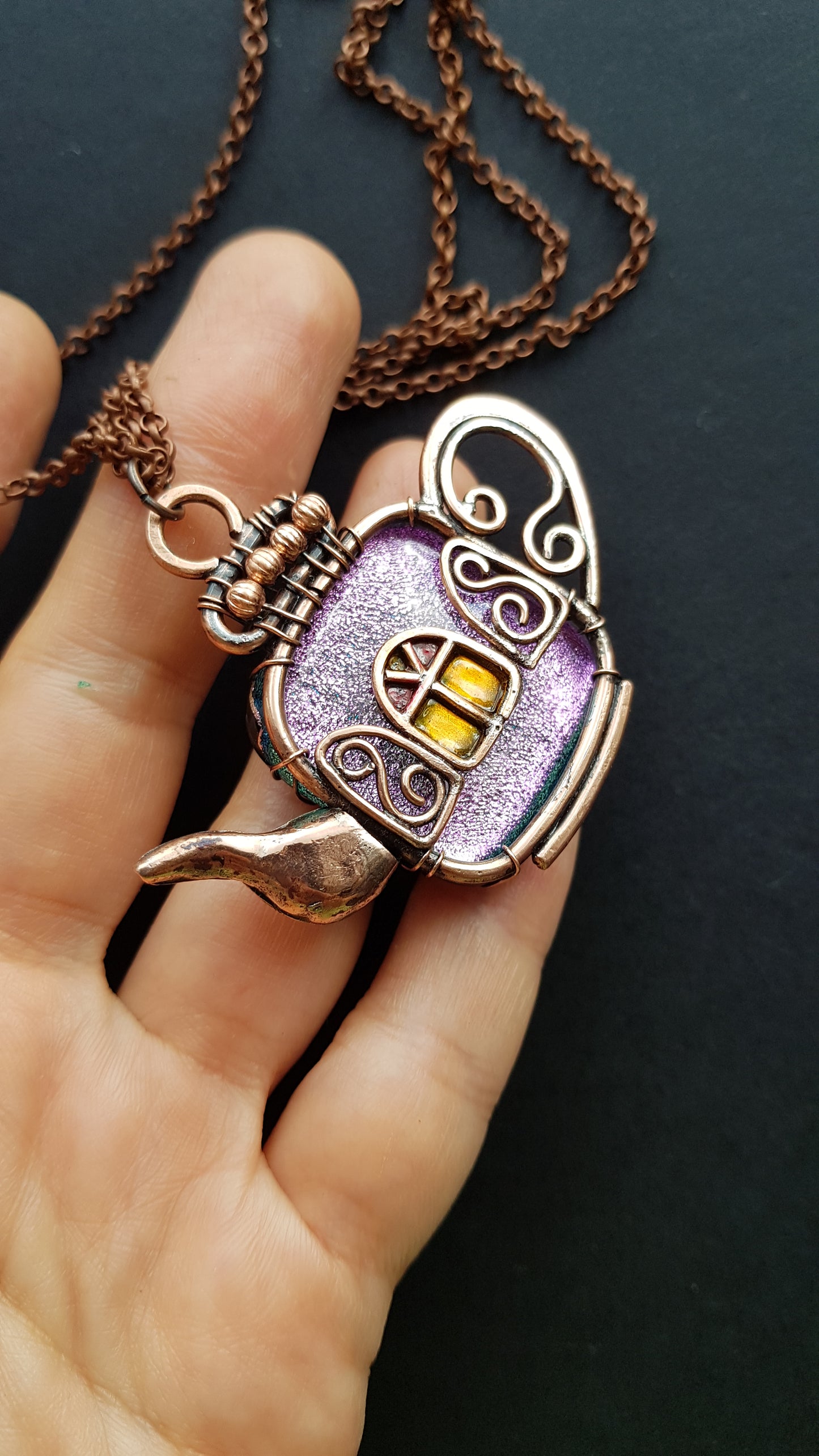 Magic sparkling purple fairy house teapot necklace.