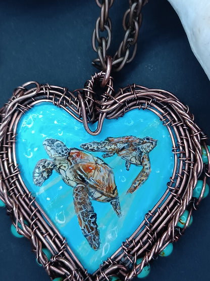 Heart of the ocean. Wire wrapped hand painted necklace. Reversible.
