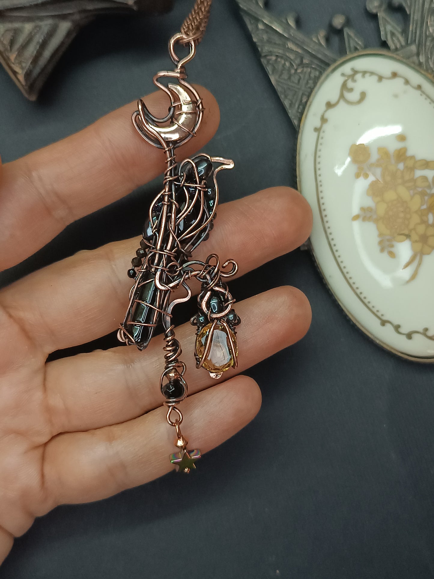 Raven on citrine lantern necklace🐦‍⬛💛