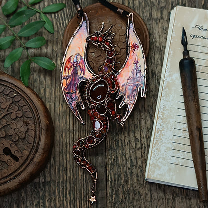 The ballad of Red dragon and his love. Wearable art necklace.