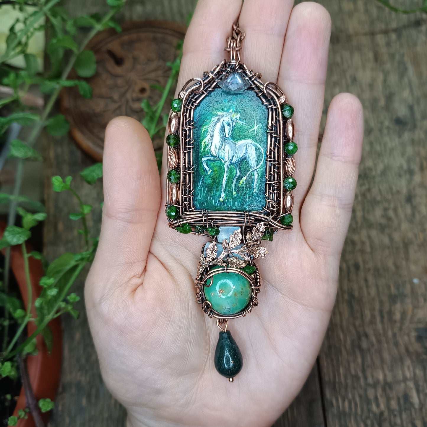 The ballad of white unicorn and princess. Wire wrapped necklace with miniature paintings.