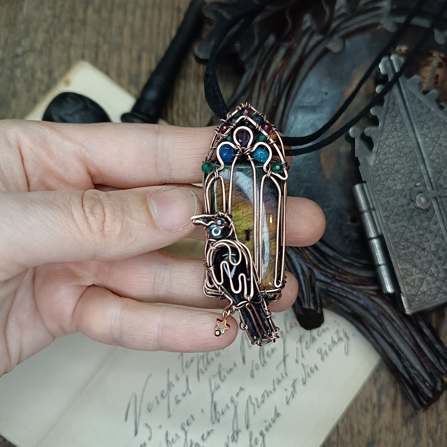 Raven on the stained glass window necklace