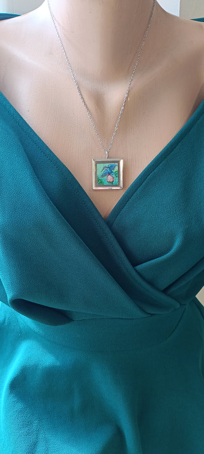 Kingfishers on lotus. Hand painted necklace.