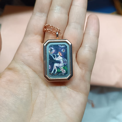 Little Fairy, Mermaid and magic bubbles. Hand painted pendant.