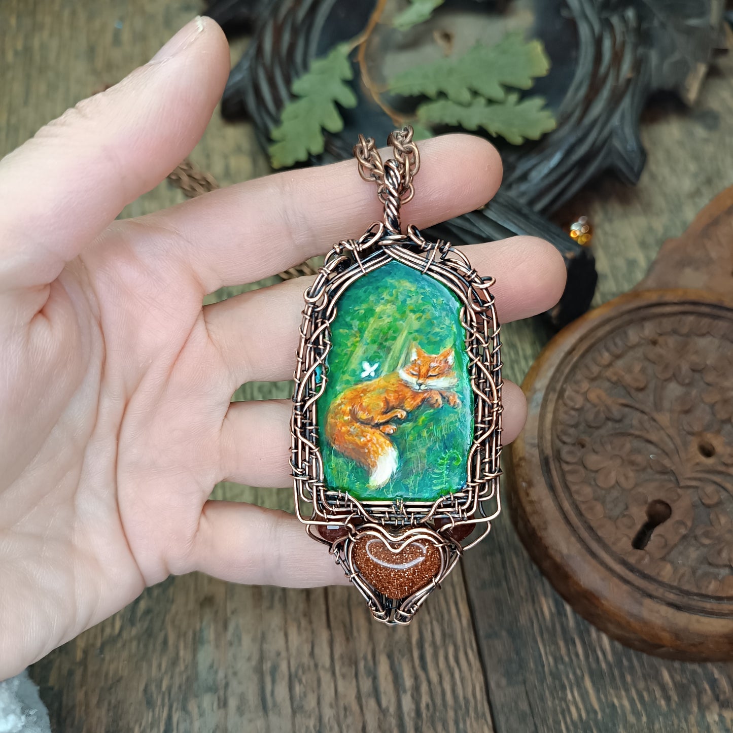 Forest light guardians.🦊🦊 Wire wrapped necklace with miniature paintings.