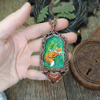 Forest light guardians.🦊🦊 Wire wrapped necklace with miniature paintings.