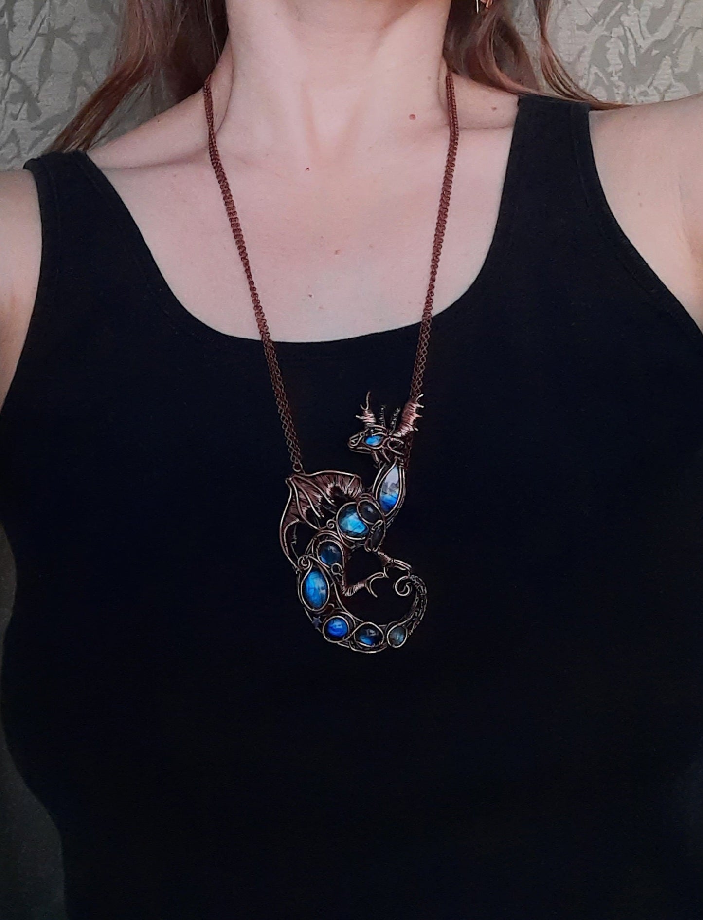 First payment. FOR JAN Great water dragon. Wire wrapped copper necklace with labradorites.