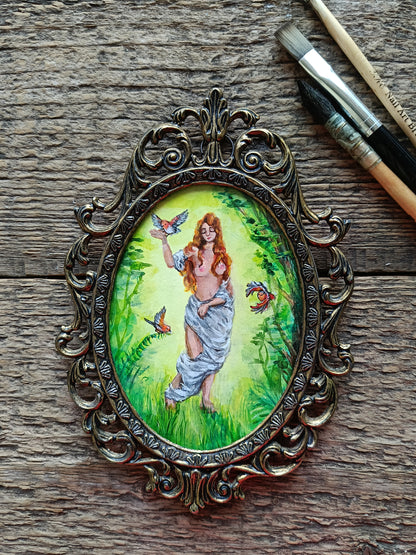 For Glen. Lady and birds in the forest. Acrylic painting framed