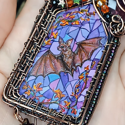 Medieval window necklace. Raven and Bat.