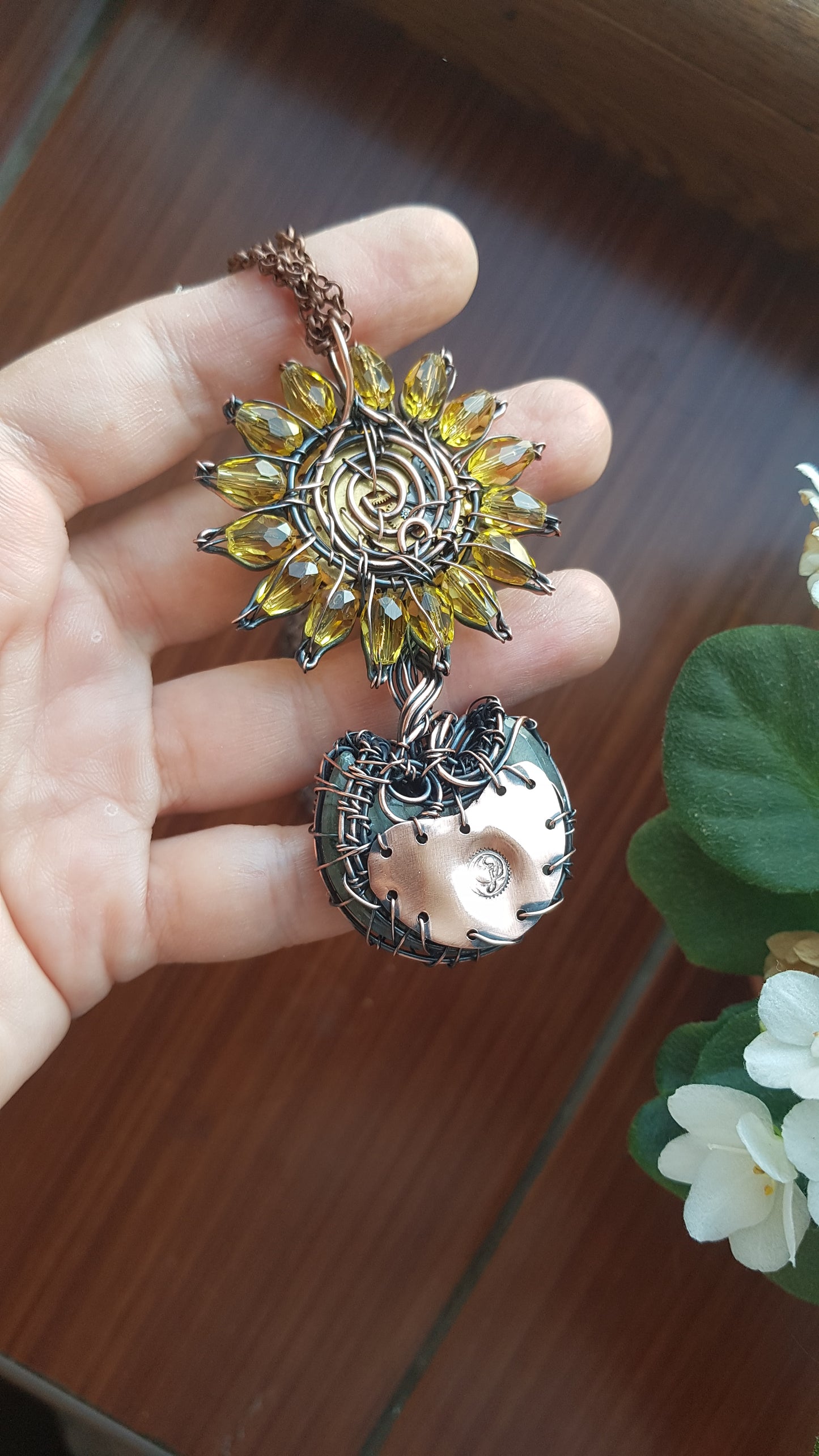 Magic sunflower in a moon pot. pendant