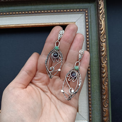 Silver dangling earrings. Amethyst bells.