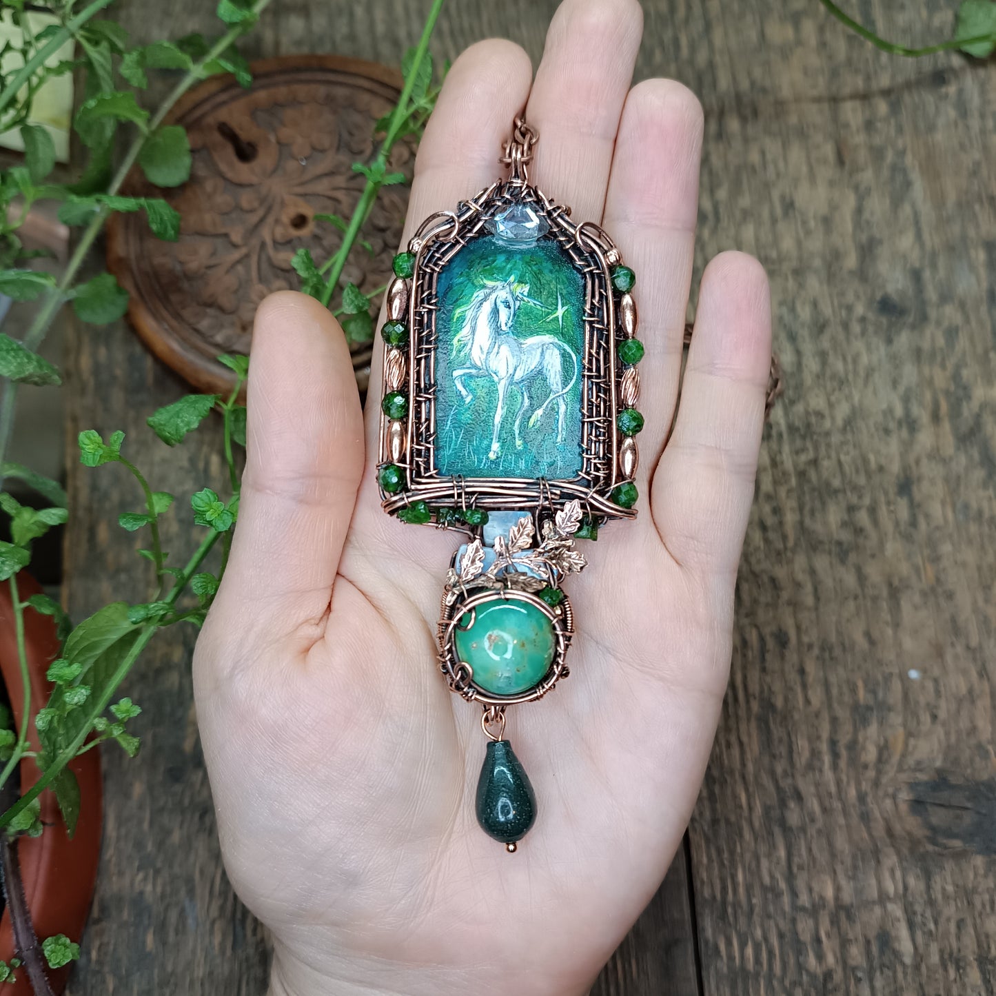 The ballad of white unicorn and princess. Wire wrapped necklace with miniature paintings.