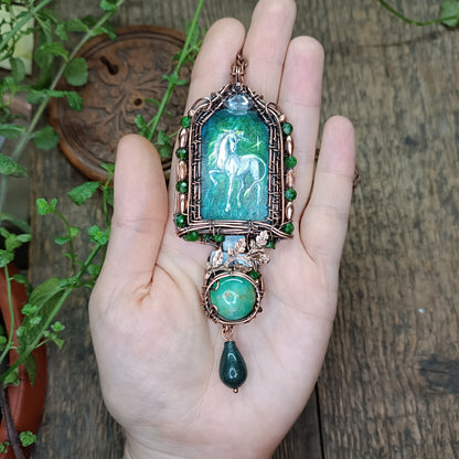 The ballad of white unicorn and princess. Wire wrapped necklace with miniature paintings.