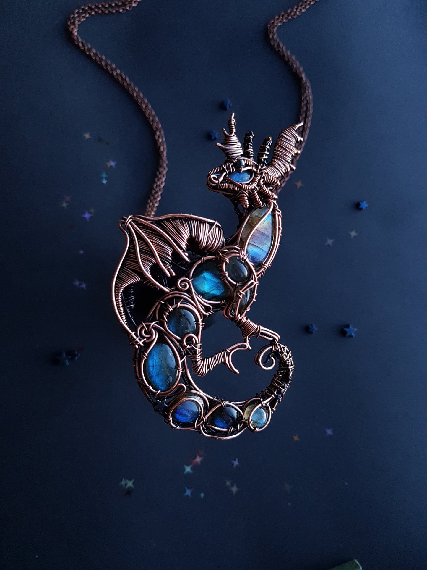 Great water dragon. Wire wrapped copper necklace with labradorites.