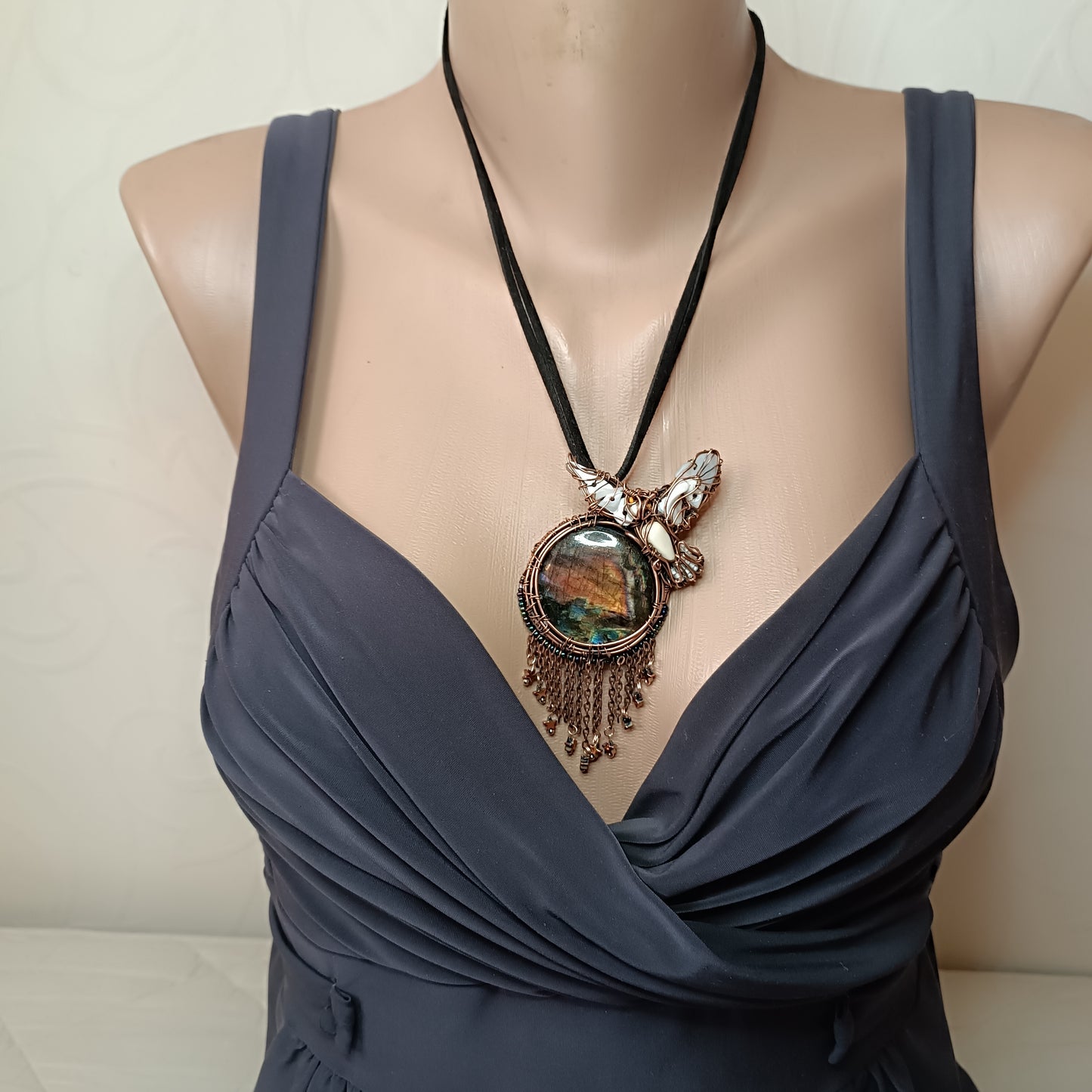 Owl over the sunset moon necklace
