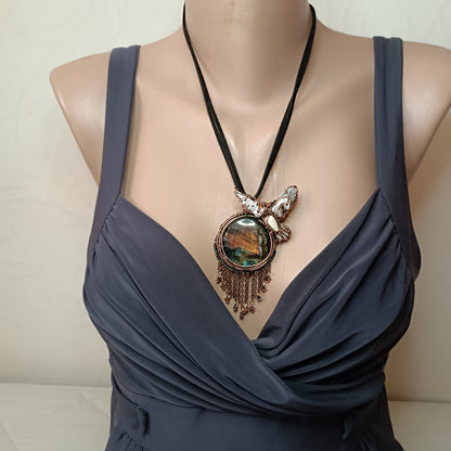 Owl over the sunset moon necklace