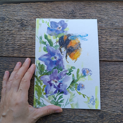 Buzy bee on bellflowers. Original watercolor on paper. Unframed.